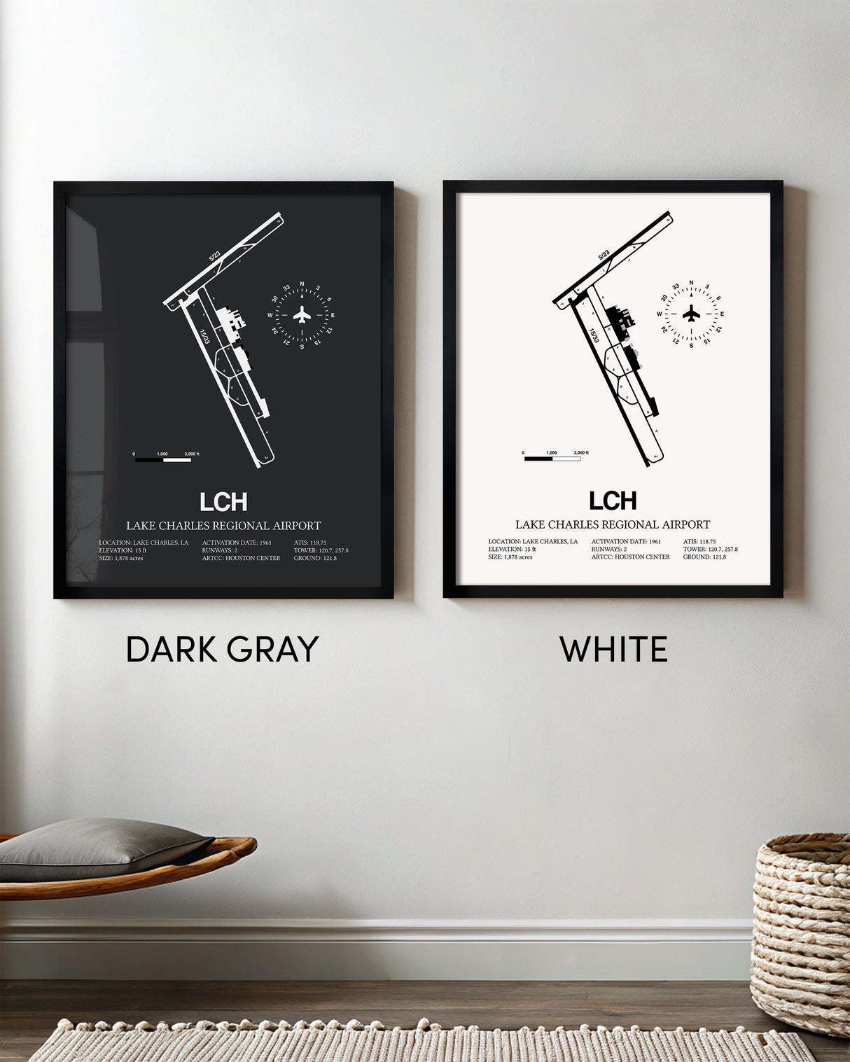 Framed Detailed Airport Map of Lake Charles Regional Airport (LCH) in White and Gray