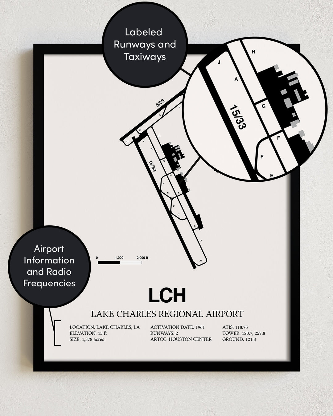 Framed Detailed Airport Map of Lake Charles Regional Airport (LCH) in White with a Black Frame