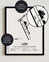 Framed Detailed Airport Map of Lake Charles Regional Airport (LCH) in White with a Black Frame