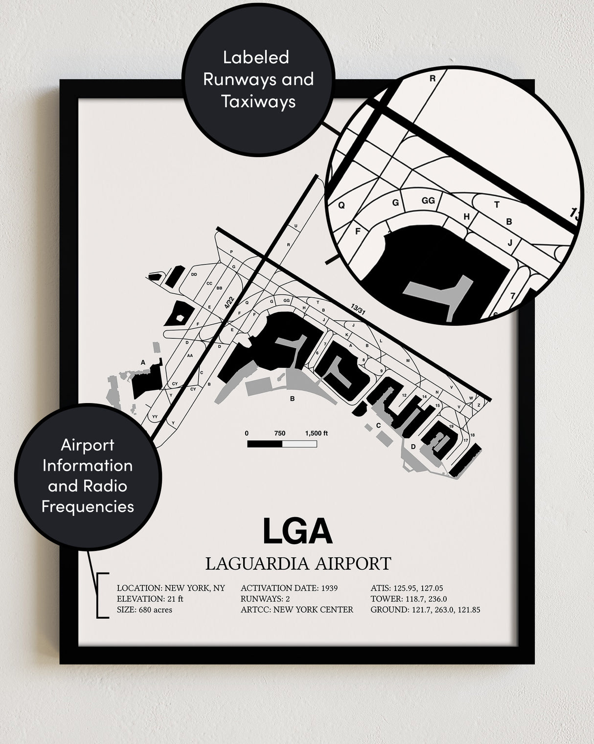 Framed Detailed Airport Map of LaGuardia Airport (LGA) in White with a Black Frame