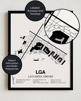 Framed Detailed Airport Map of LaGuardia Airport (LGA) in White with a Black Frame