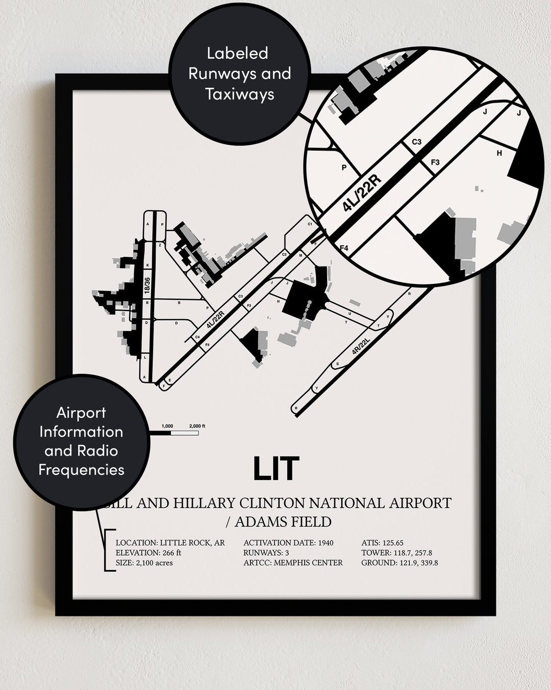 Framed Detailed Airport Map of Bill & Hillary Clinton National Airport/Adams Field (LIT) in White with a Black Frame