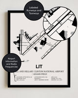 Framed Detailed Airport Map of Bill & Hillary Clinton National Airport/Adams Field (LIT) in White with a Black Frame
