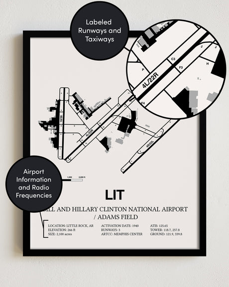 Framed Detailed Airport Map of Bill & Hillary Clinton National Airport/Adams Field (LIT) in White with a Black Frame