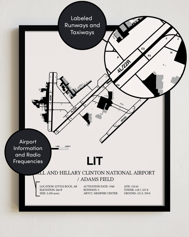 Framed Detailed Airport Map of Bill & Hillary Clinton National Airport/Adams Field (LIT) in White with a Black Frame