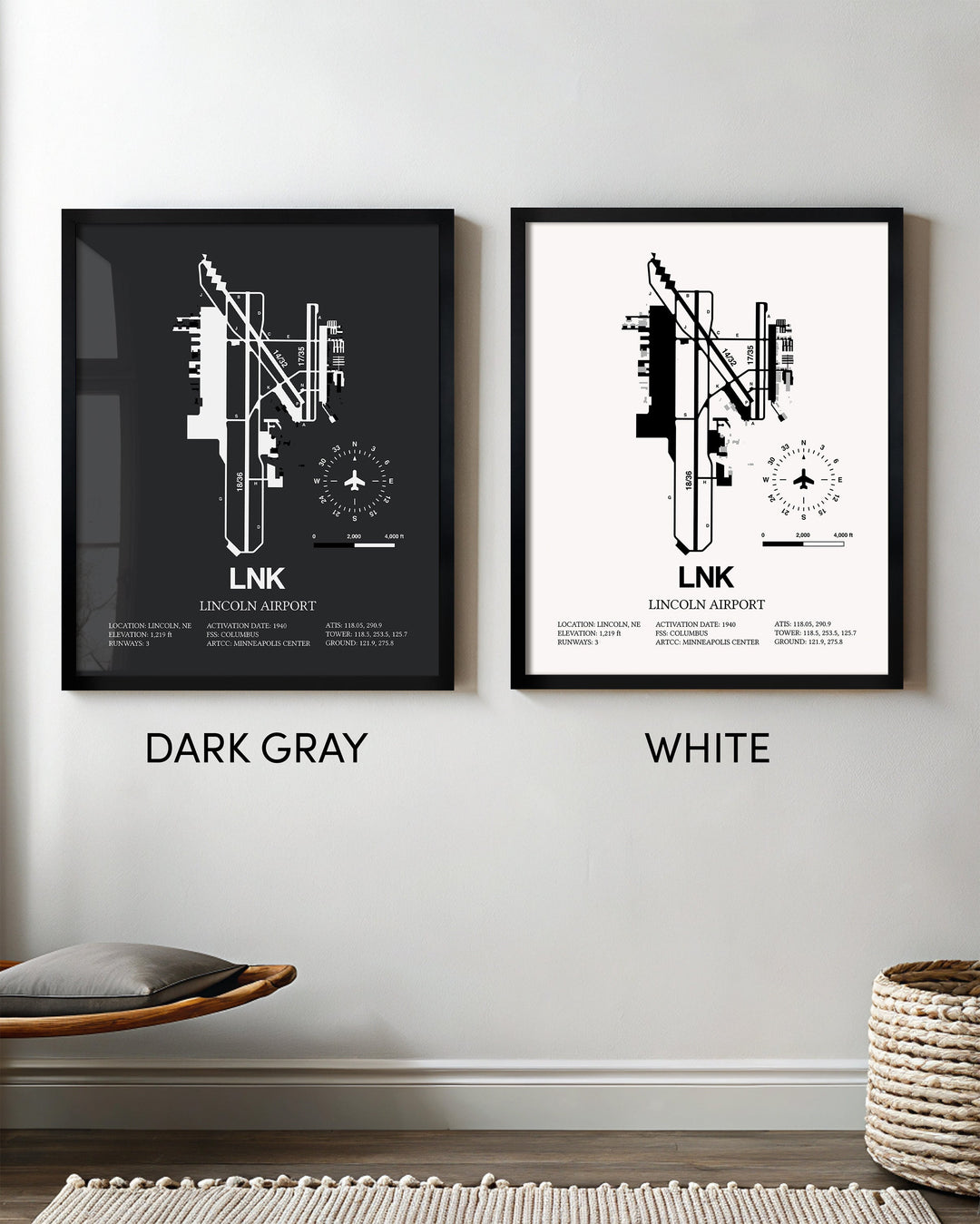 Framed Detailed Airport Map of Lincoln Airport (LNK) in White and Gray