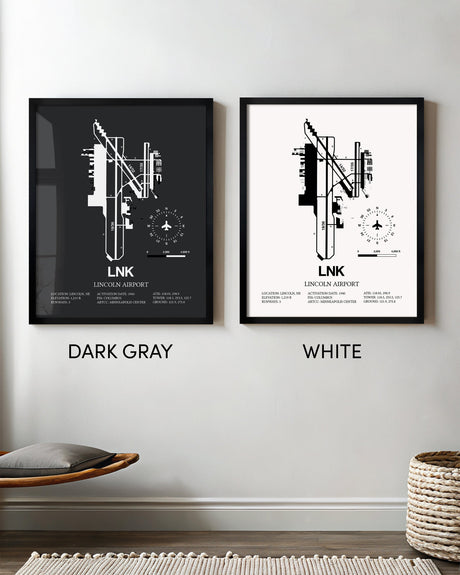Framed Detailed Airport Map of Lincoln Airport (LNK) in White and Gray