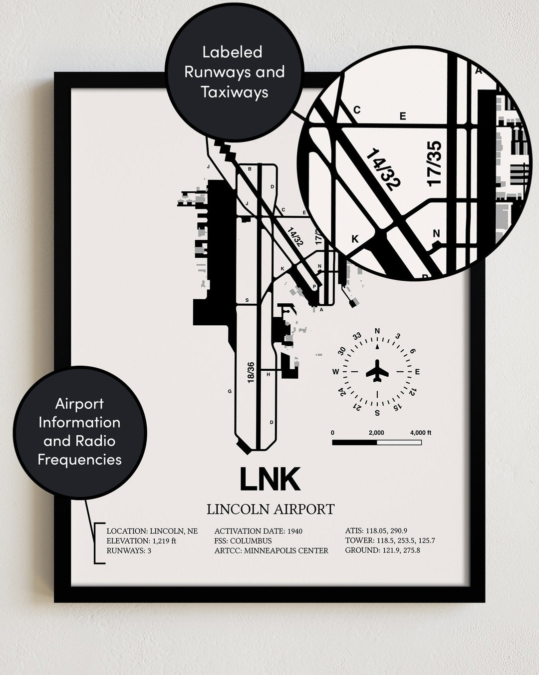 Framed Detailed Airport Map of Lincoln Airport (LNK) in White with a Black Frame