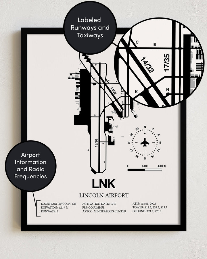 Framed Detailed Airport Map of Lincoln Airport (LNK) in White with a Black Frame