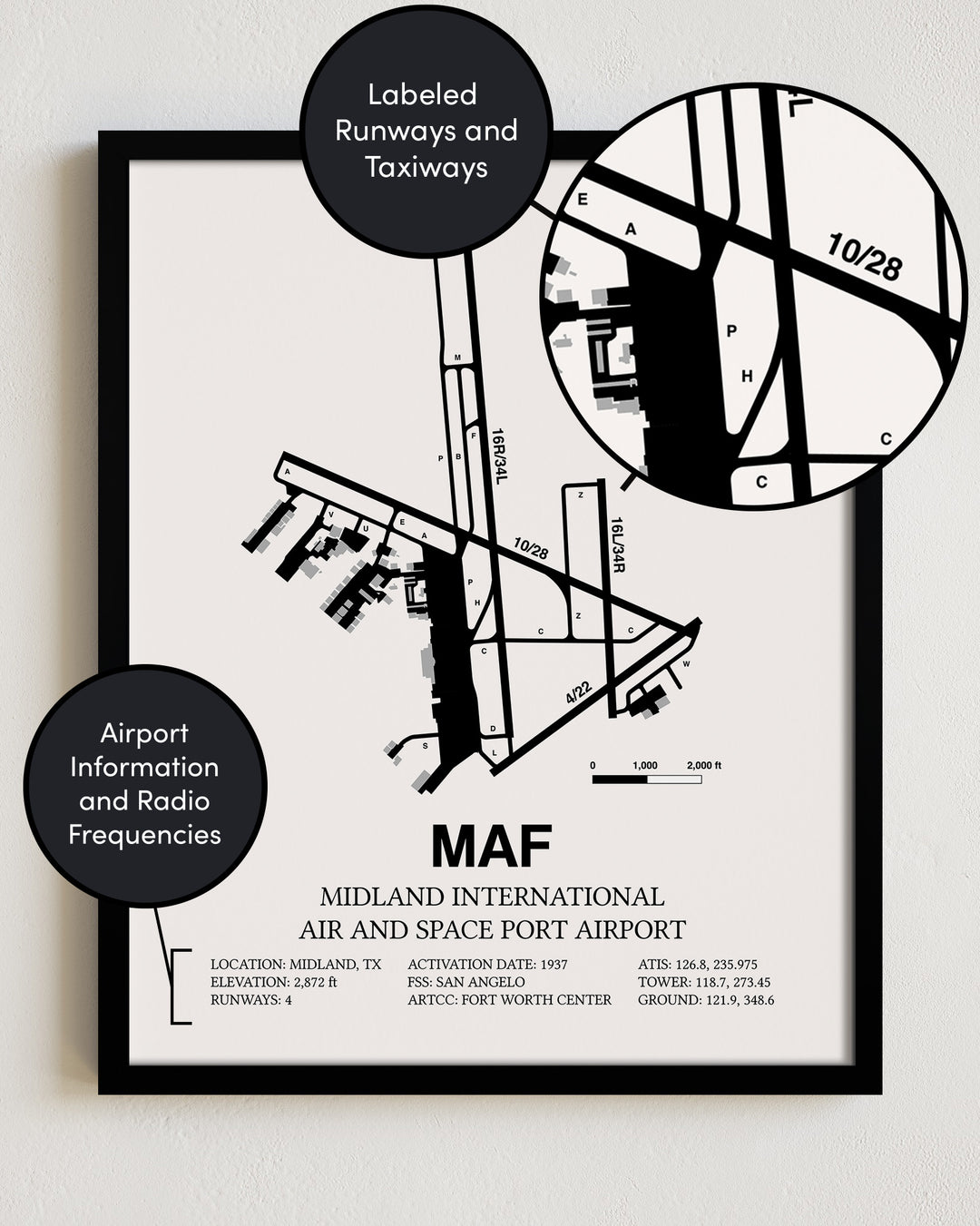 Framed Detailed Airport Map of Midland International Air and Space Port (MAF) in White with a Black Frame