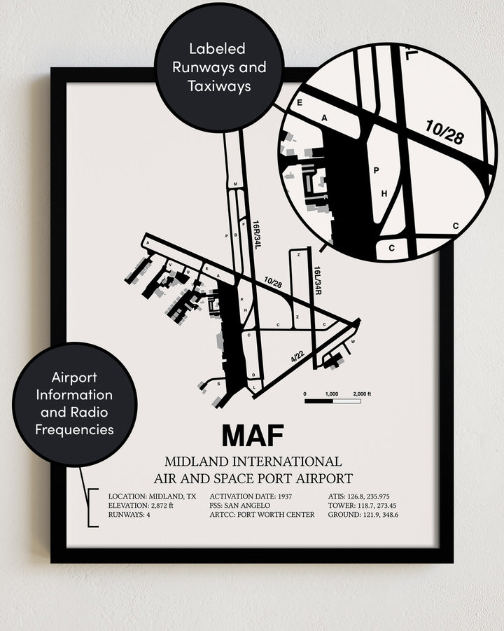 Framed Detailed Airport Map of Midland International Air and Space Port (MAF) in White with a Black Frame