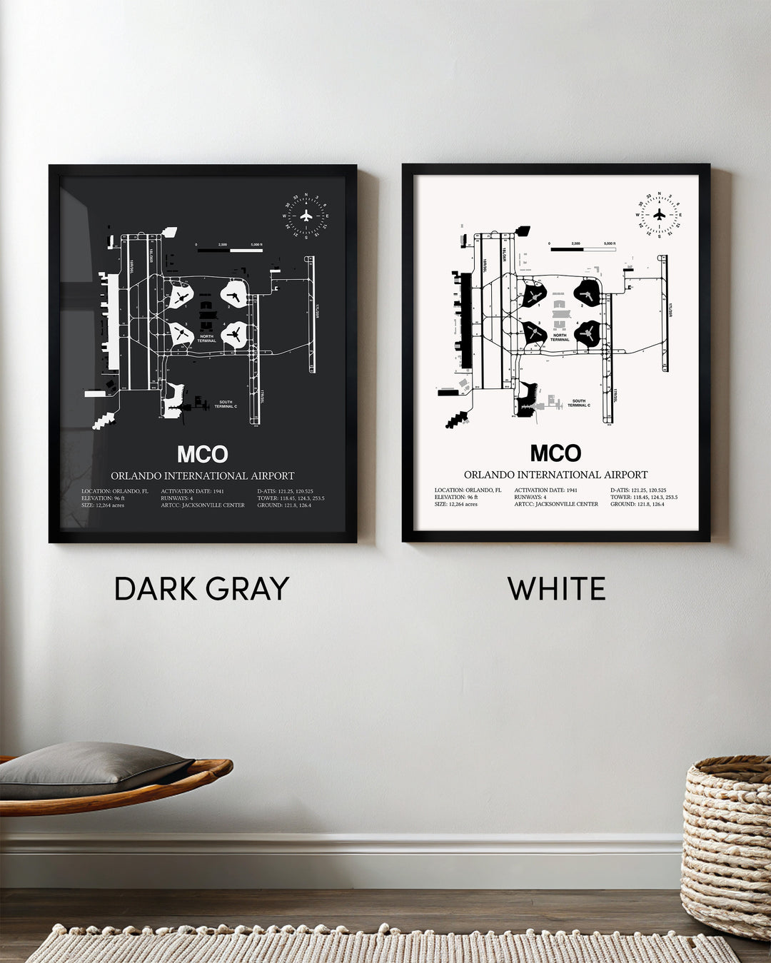 Framed Detailed Airport Map of Orlando International Airport (MCO) in White and Gray