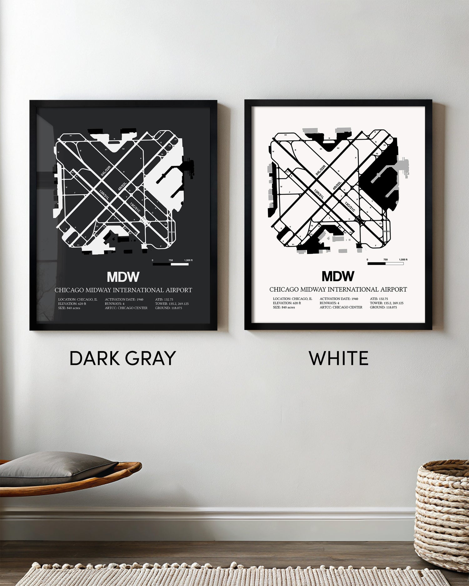 Framed Detailed Airport Map of Chicago Midway International Airport (MDW) in White and Gray