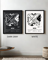Framed Detailed Airport Map of Chicago Midway International Airport (MDW) in White and Gray