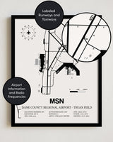 Framed Detailed Airport Map of Dane County Regional Airport-Truax Field (MSN) in White with a Black Frame