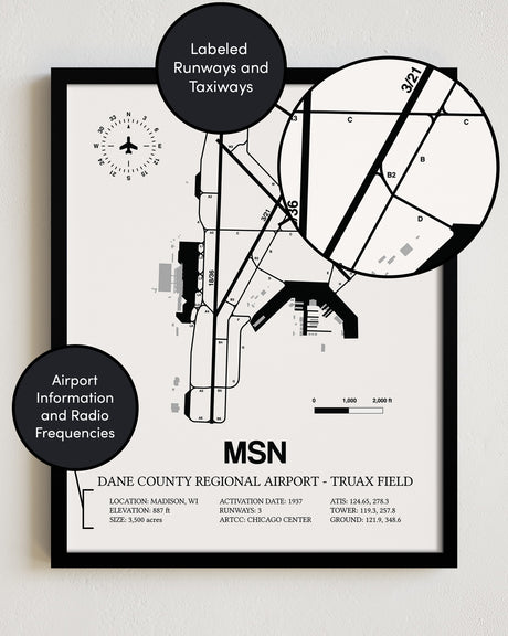 Framed Detailed Airport Map of Dane County Regional Airport-Truax Field (MSN) in White with a Black Frame