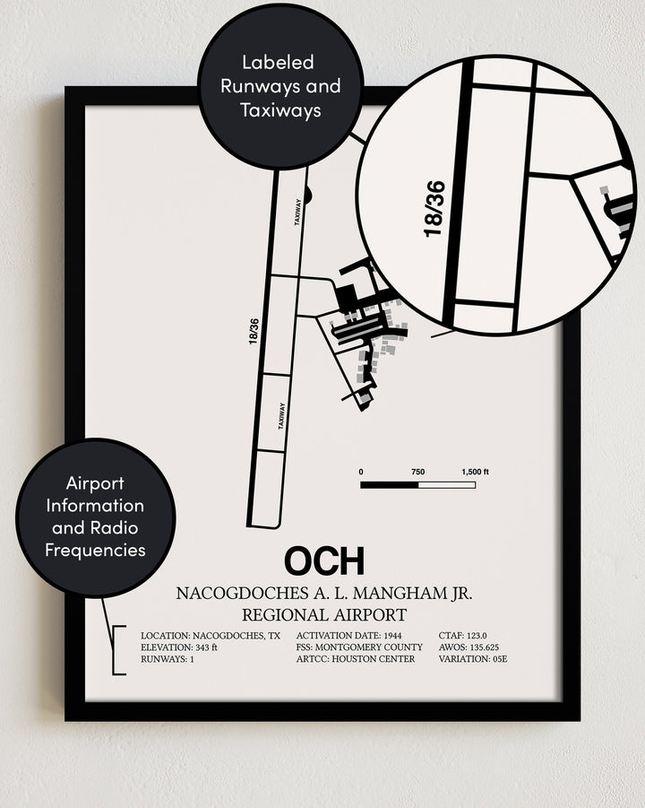 OCH Airport Map, Nacogdoches A L Mangham Jr. Regional Airport Print