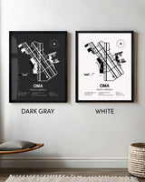 Framed Detailed Airport Map of Eppley Airfield (OMA) in White and Gray