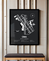 Framed Detailed Airport Map of Eppley Airfield (OMA) in Gray with a Black Frame