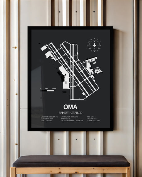 Framed Detailed Airport Map of Eppley Airfield (OMA) in Gray with a Black Frame