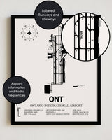 Framed Detailed Airport Map of Ontario International Airport (ONT) in White with a Black Frame