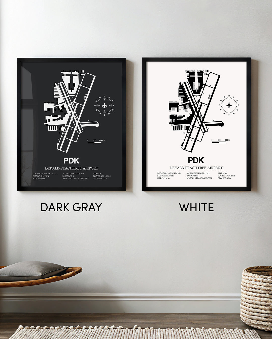 Framed Detailed Airport Map of DeKalb Peachtree Airport (PDK) in White and Gray