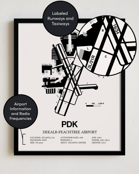 Framed Detailed Airport Map of DeKalb Peachtree Airport (PDK) in White with a Black Frame