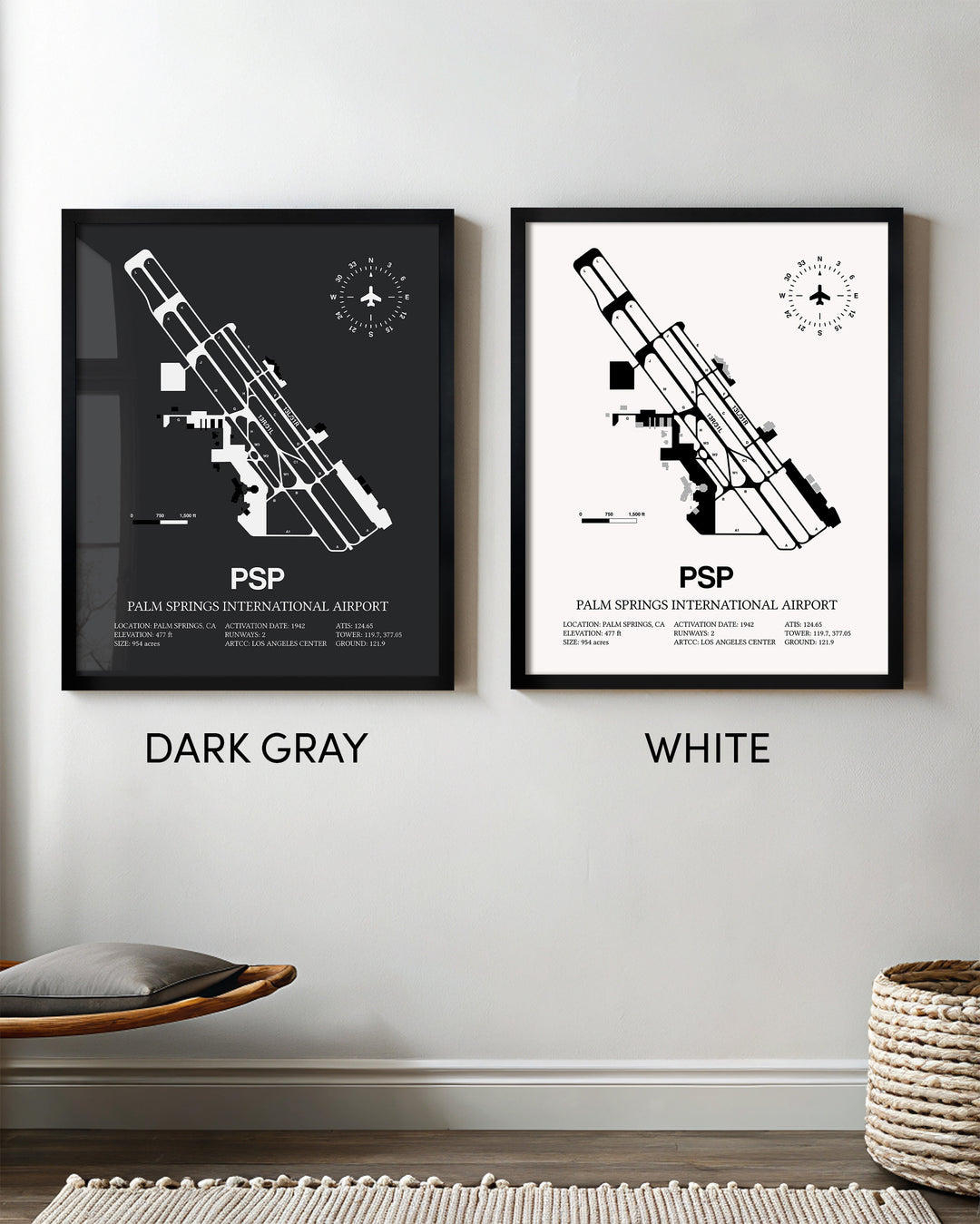 Framed Detailed Airport Map of Palm Springs International Airport (PSP) in White and Gray