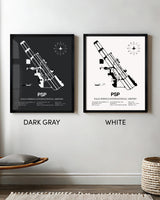 Framed Detailed Airport Map of Palm Springs International Airport (PSP) in White and Gray