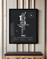 Framed Detailed Airport Map of Reno Tahoe International Airport (RNO) in Gray with a Black Frame