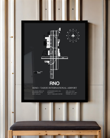 Framed Detailed Airport Map of Reno Tahoe International Airport (RNO) in Gray with a Black Frame