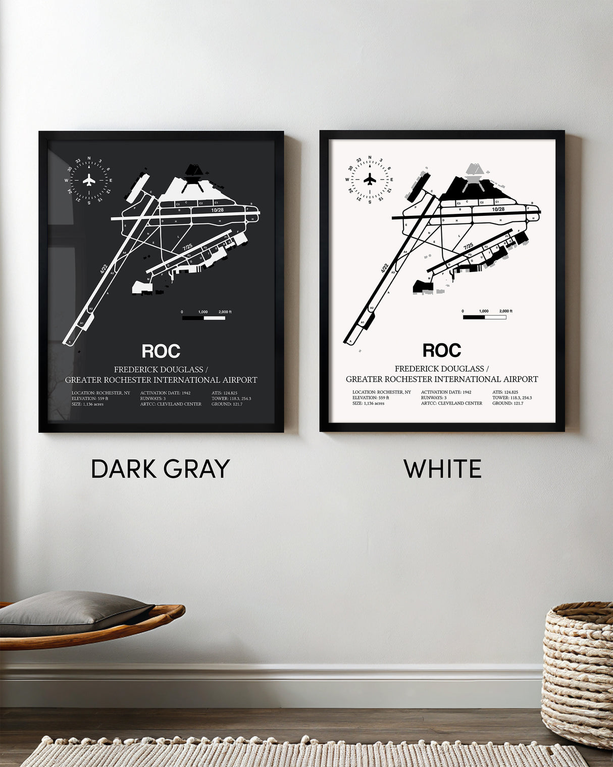 Framed Detailed Airport Map of Frederick Douglass/Greater Rochester International Airport (ROC) in White and Gray
