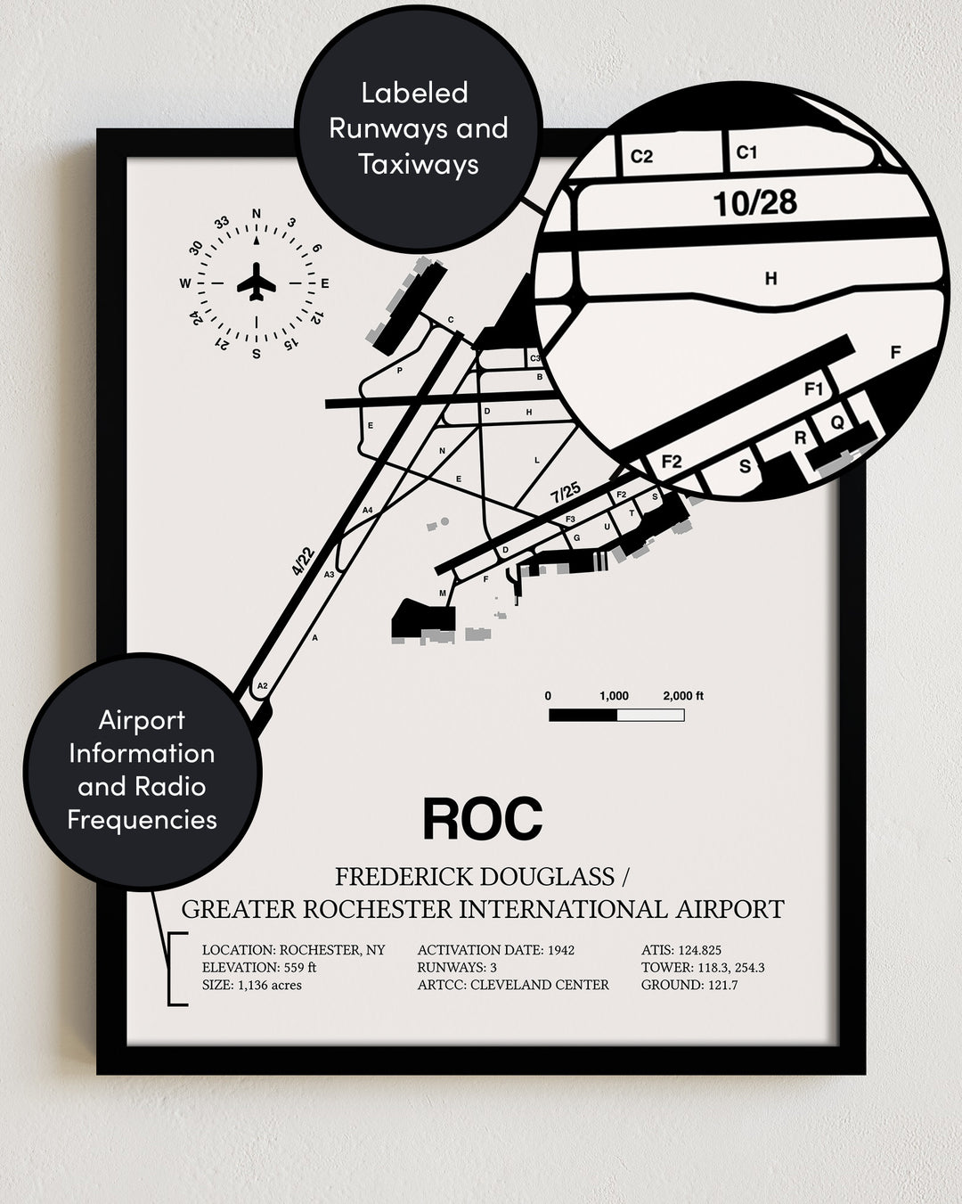 Framed Detailed Airport Map of Frederick Douglass/Greater Rochester International Airport (ROC) in White with a Black Frame