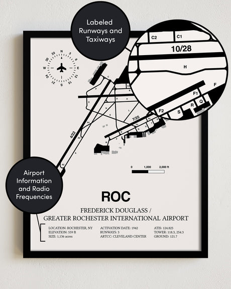 Framed Detailed Airport Map of Frederick Douglass/Greater Rochester International Airport (ROC) in White with a Black Frame