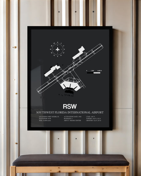 Framed Detailed Airport Map of Southwest Florida International Airport (RSW) in Gray with a Black Frame