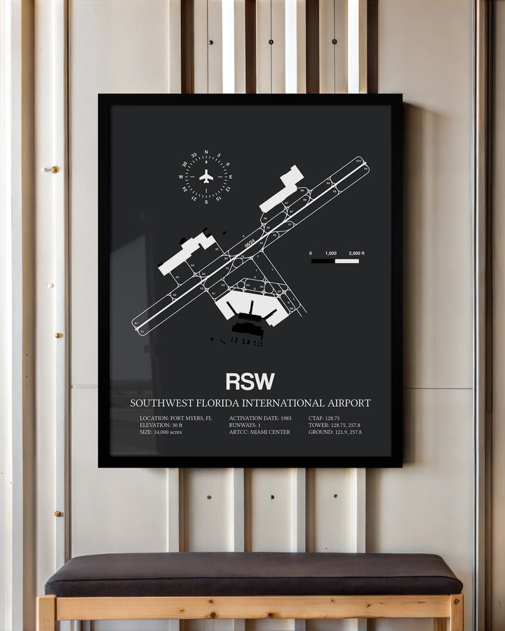 Framed Detailed Airport Map of Southwest Florida International Airport (RSW) in Gray with a Black Frame