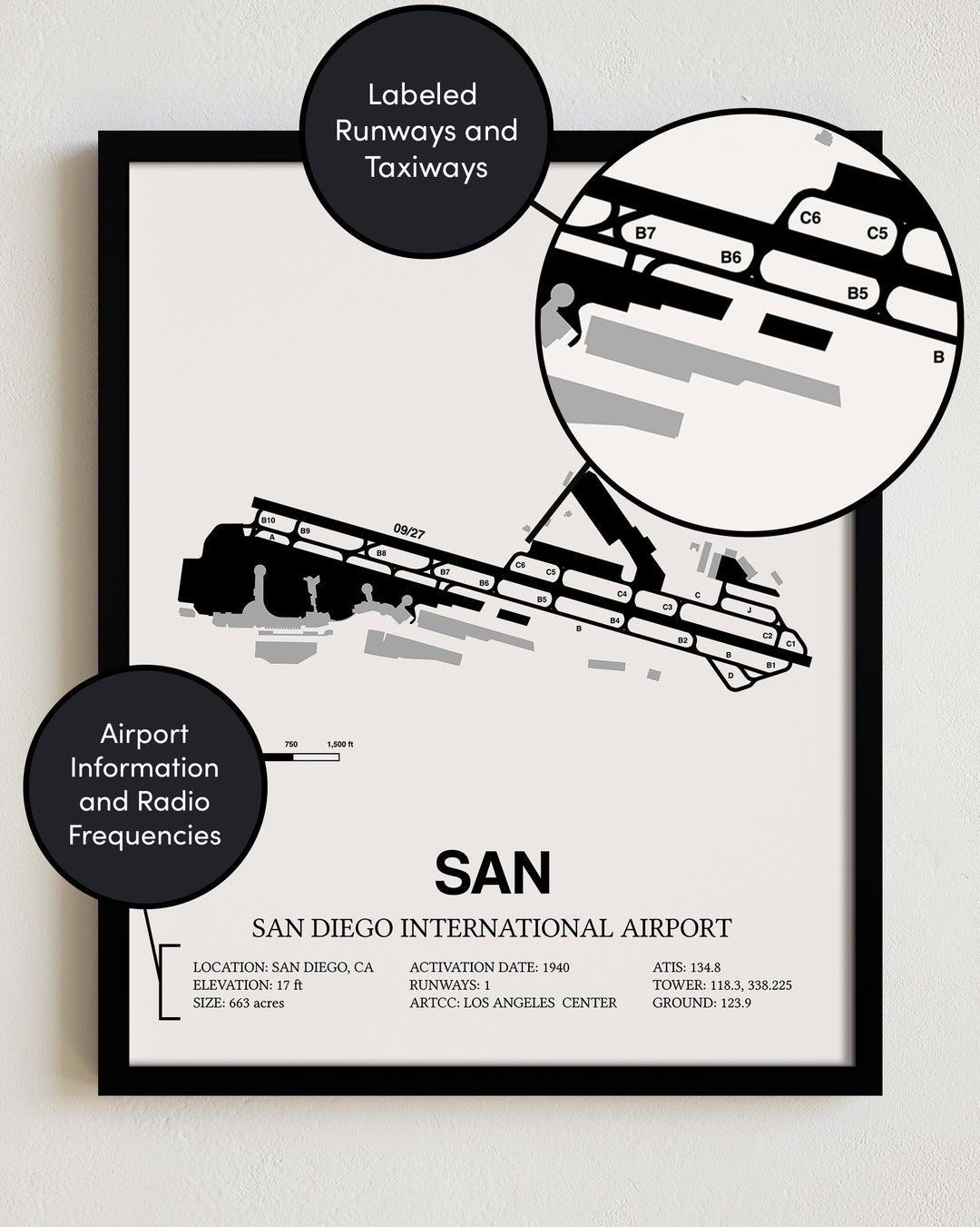 Framed Detailed Airport Map of San Diego International Airport (SAN) in White with a Black Frame