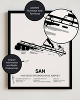Framed Detailed Airport Map of San Diego International Airport (SAN) in White with a Black Frame