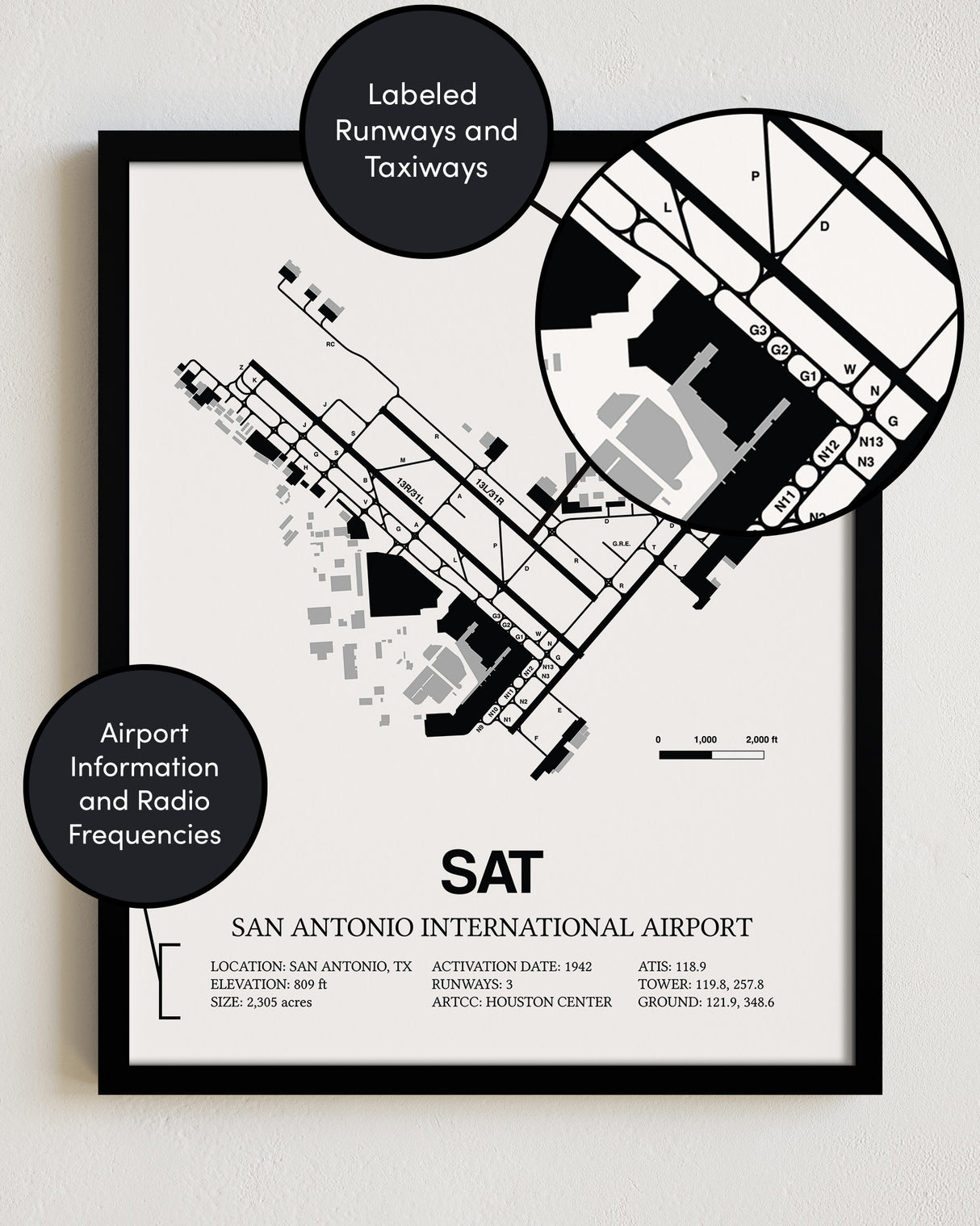 Framed Detailed Airport Map of San Antonio International Airport (SAT) in White with a Black Frame