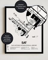 Framed Detailed Airport Map of San Antonio International Airport (SAT) in White with a Black Frame