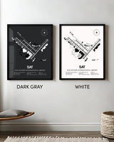 Framed Detailed Airport Map of San Antonio International Airport (SAT) in White and Gray