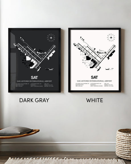 Framed Detailed Airport Map of San Antonio International Airport (SAT) in White and Gray