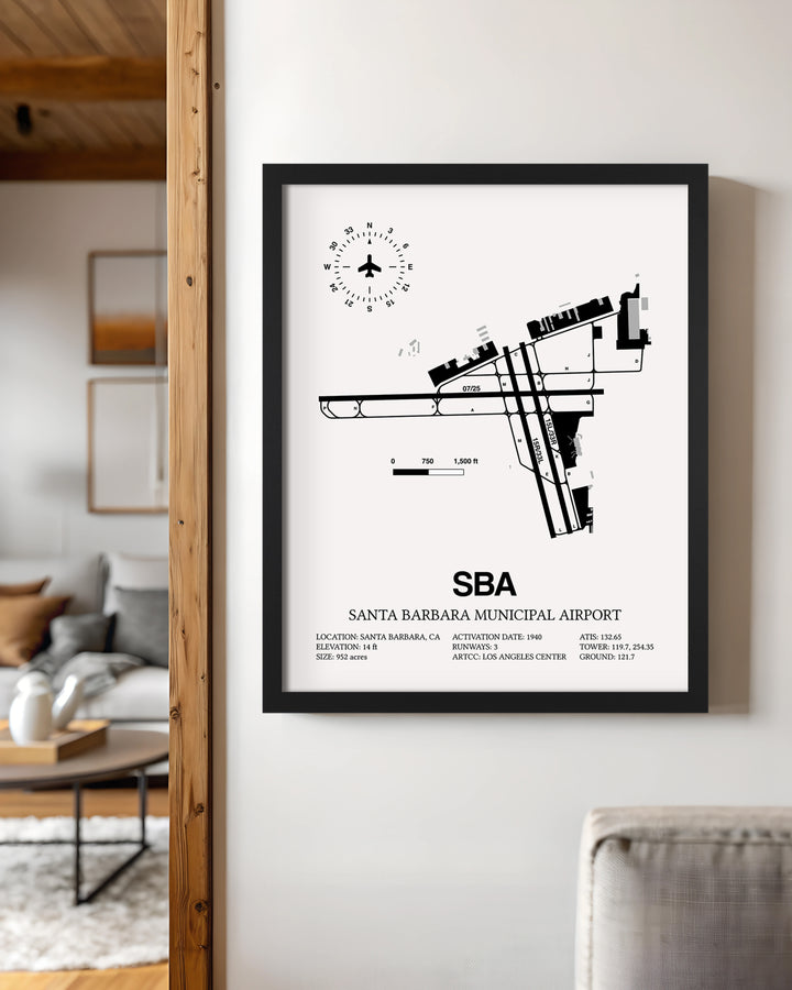 Framed Detailed Airport Map of Santa Barbara Municipal Airport (SBA) in White with a Black Frame