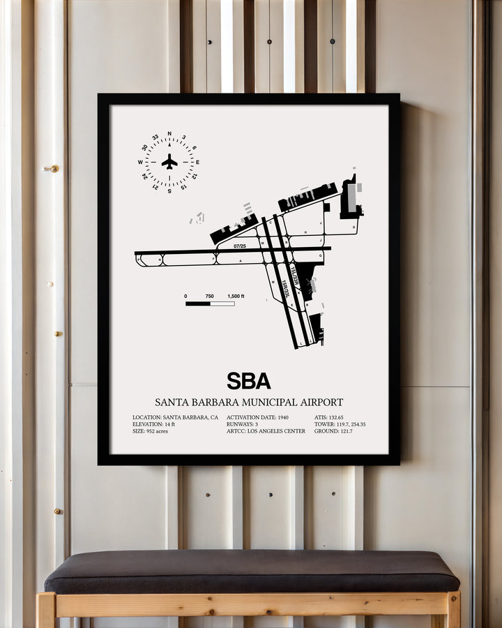 Framed Detailed Airport Map of Santa Barbara Municipal Airport (SBA) in White with a Black Frame
