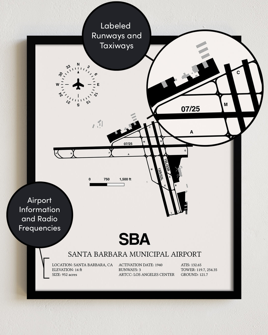 Framed Detailed Airport Map of Santa Barbara Municipal Airport (SBA) in White with a Black Frame