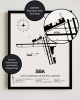 Framed Detailed Airport Map of Santa Barbara Municipal Airport (SBA) in White with a Black Frame