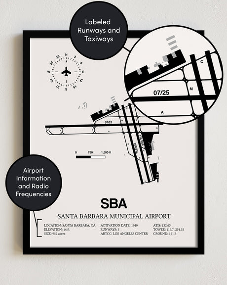Framed Detailed Airport Map of Santa Barbara Municipal Airport (SBA) in White with a Black Frame
