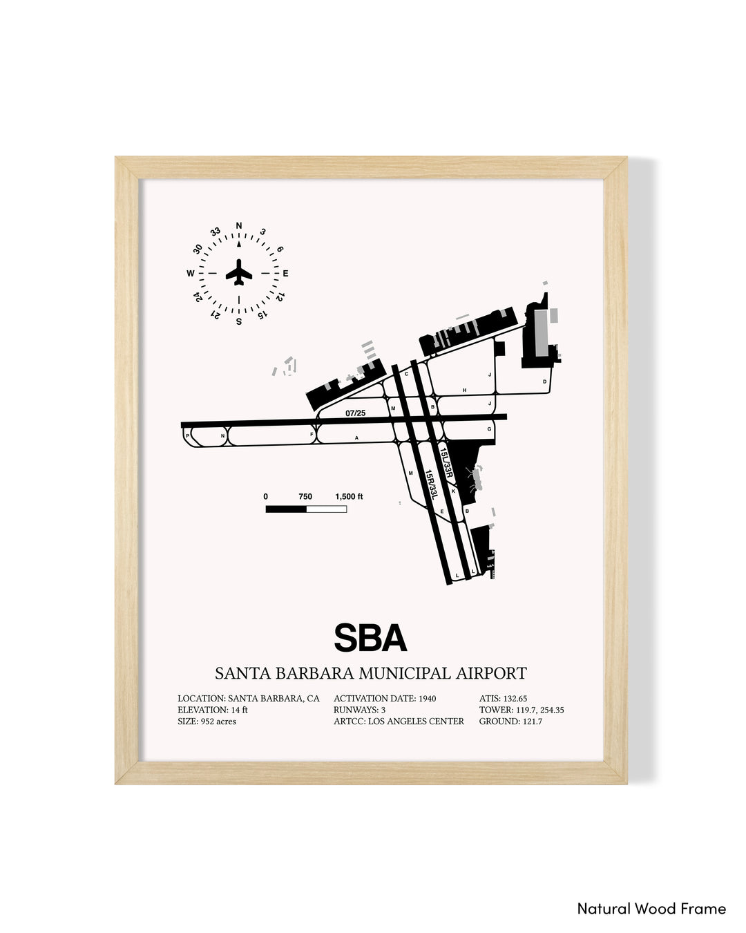 Detailed Airport Map of Santa Barbara Municipal Airport (SBA) in White with a Natural Frame