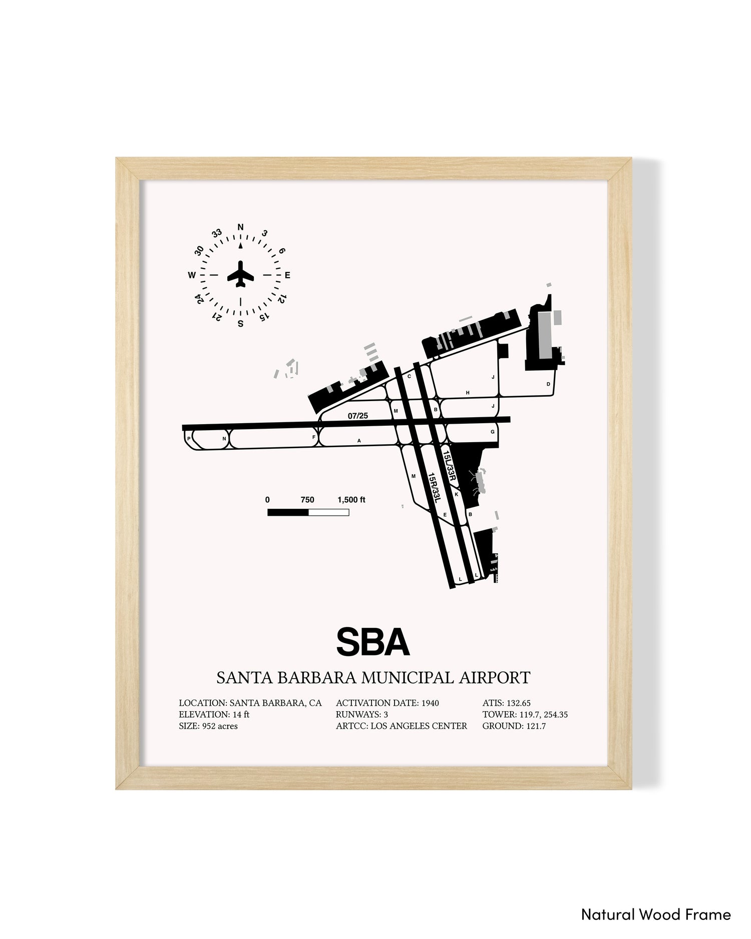 Detailed Airport Map of Santa Barbara Municipal Airport (SBA) in White with a Natural Frame