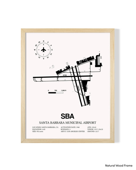 Detailed Airport Map of Santa Barbara Municipal Airport (SBA) in White with a Natural Frame